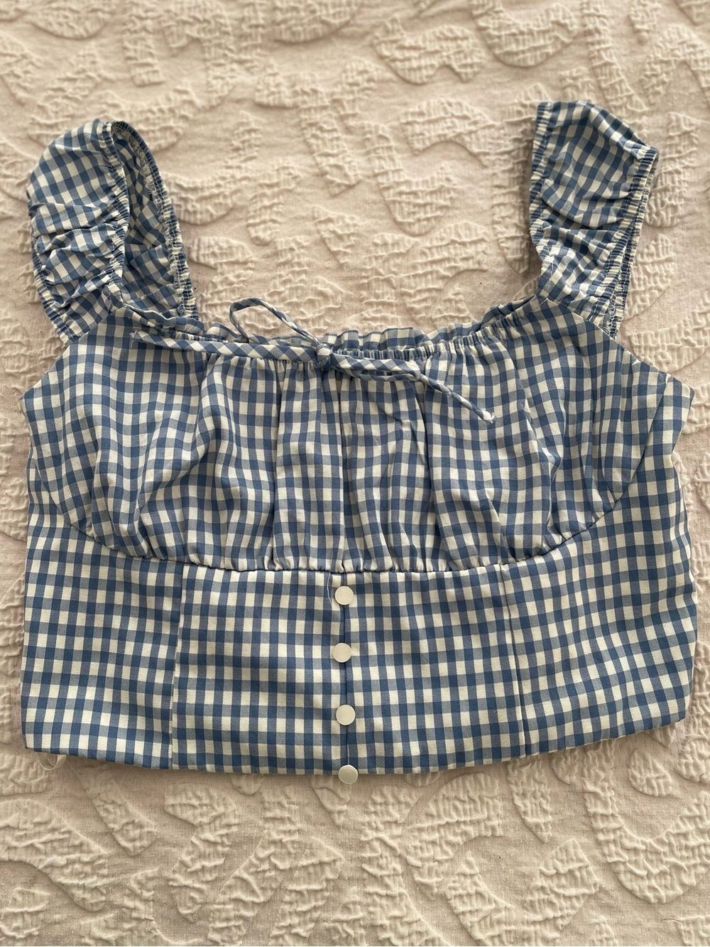 Monteau Blue Gingham Ruffle Strap Crop Top cottagecore coquette medium